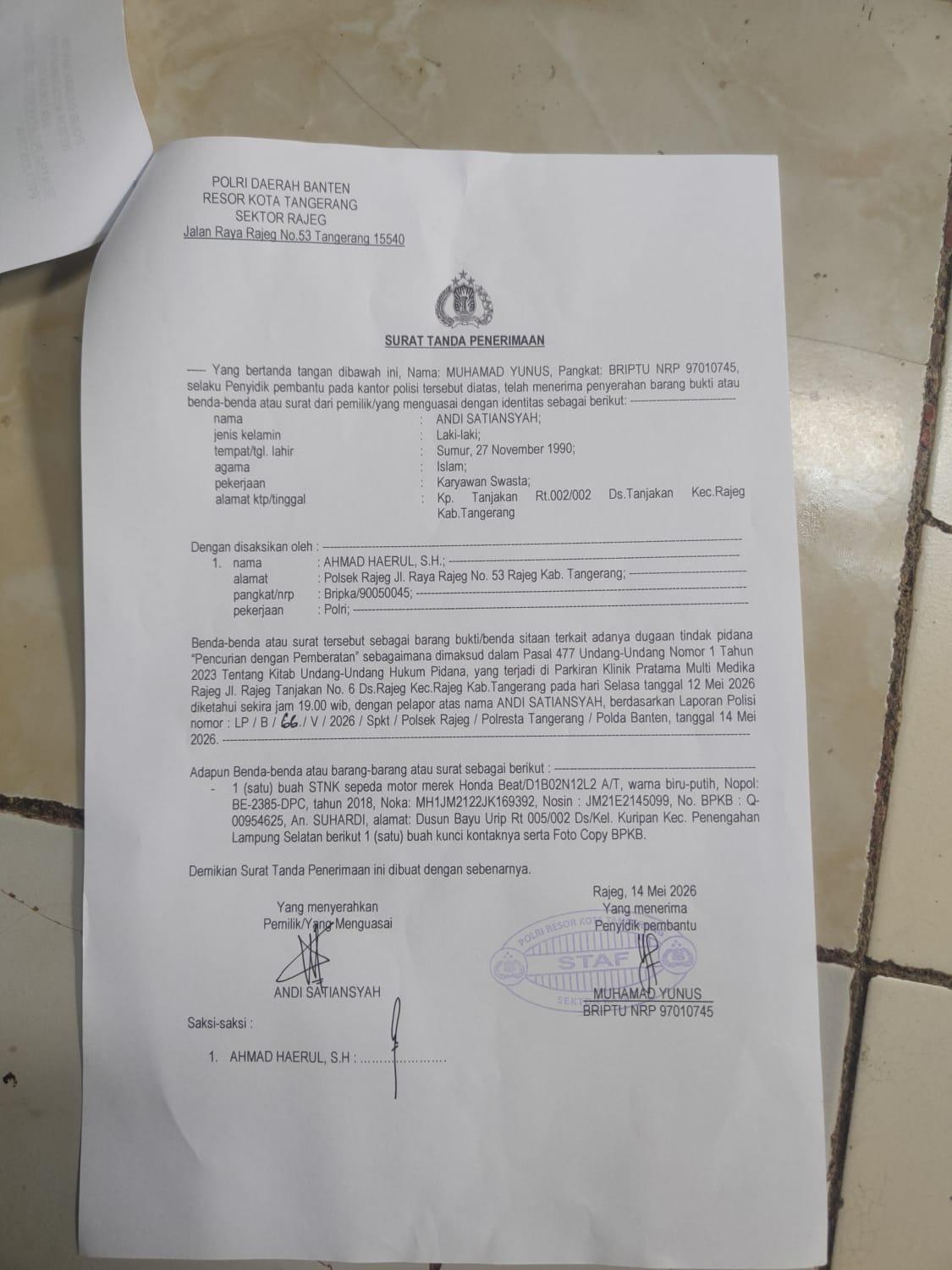 LP Curanmor di Polsek Rajeg Diduga Mandek, Korban Belum Terima SP2HP